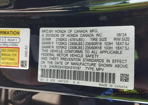 2025 Honda Cr-V Ex-L 2Wd z USA, uszkodzony, nr VIN 2HKRS3H79SH310187